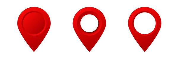 Three red map pin icons with different hole styles for location and navigation vector