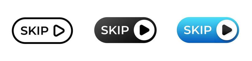 Set of three skip buttons in different styles and colors with arrow icon for various applications vector