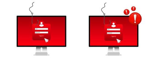 Computer screen phishing warning with login fields displayed and alert symbols vector