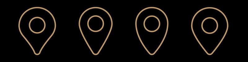 Four golden outline location pins with central circles aligned in a horizontal row vector