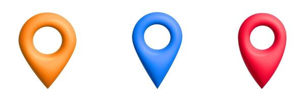 Three colorful map pins in a row showcasing variety in minimalist design elements vector