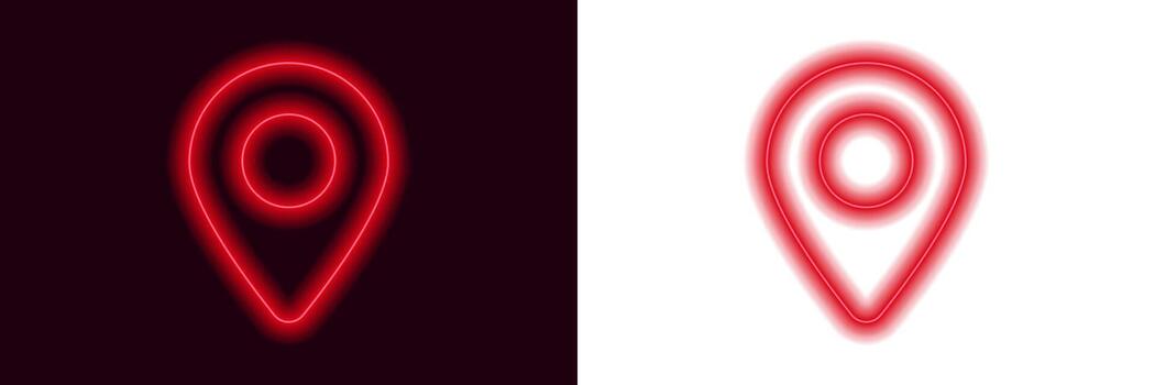 Neon red location icons showing bright glowing effect with sharp and blurred variations vector
