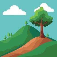 a flat illustration of a hill and a tree and clouds vector