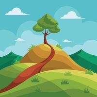 a flat illustration of a hill, a tree, and a path vector