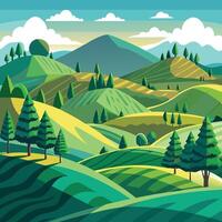 a flat illustration of a mountain and a tree vector