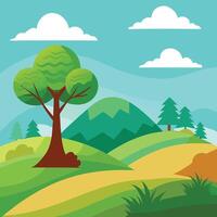 a flat illustration of a hill and a tree vector