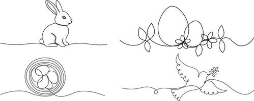 easter line art doodles. eggs with flowers and leaves, rabbit, nest with eggs and dove with olive branch vector