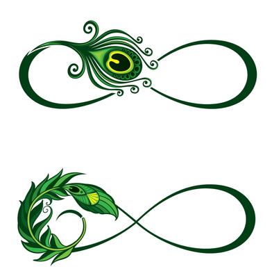 Peacock feather iinfinity solated icon, realistic bird plume with green. Symbol of infinity. Feather from peafowl tail.