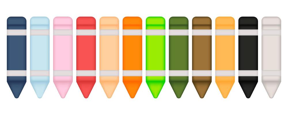 illustration of crayons with twelve colors on a white background
