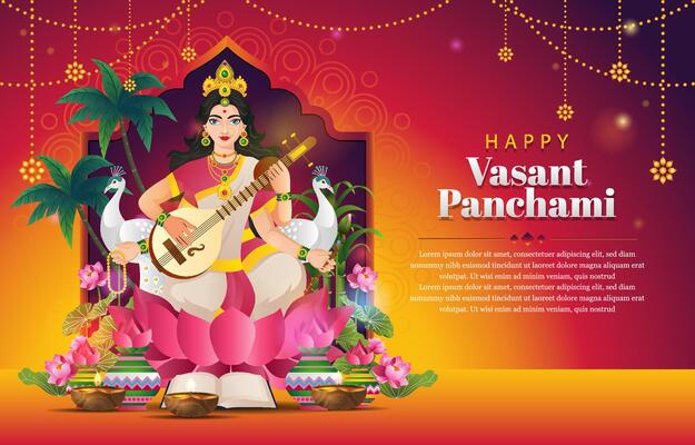 happy vasant panchami horizontal background with beautiful woman and indian ornament