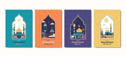Set of modern style Islamic windows and arches with modern boho design, mosque dome and lanterns vector