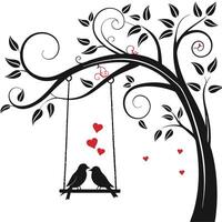 Two birds on a swing with hearts in the tree on a white background vector