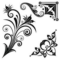 a set of decorative elements, including a flower, scroll, and scroll vector