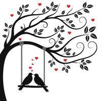 two birds on a swing with hearts in the tree vector