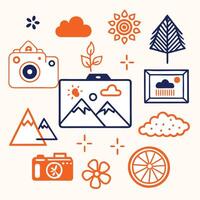 photography icons set with a camera, flowers, and other objects vector