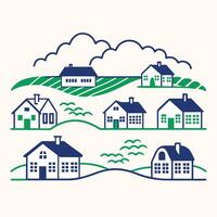 a series of houses and fields in a flat style vector