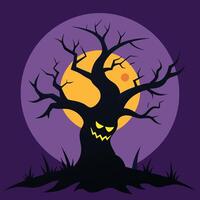 halloween tree with scary face and moon background vector