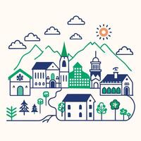 a town with mountains and trees in the background vector