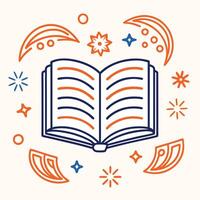 an open book with stars and other symbols around it vector