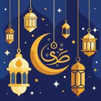 ramadan kareem greeting card with lanterns and crescent vector