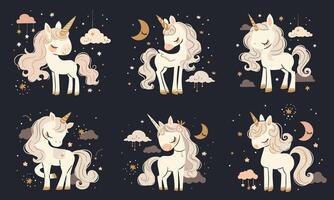 A set of flat illustrations in a simple childish style. Cute unicorns and pegasi on dark background, clouds and stars vector