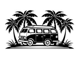 A black and white image of a van with palm trees vector