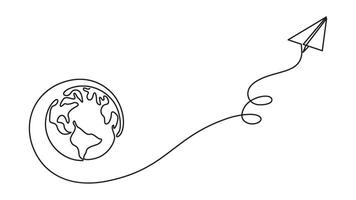 Paper plane soars from world globe in single continuous line art style vector