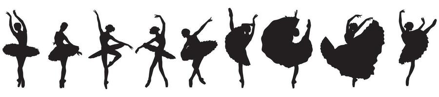 Elegant silhouettes of ballerinas in different poses against a white background vector