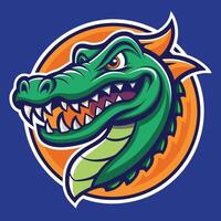 An alligator head in a circle with an orange and green background vector