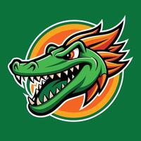 An alligator mascot head with a green and orange color scheme vector