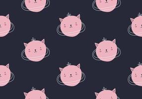 Seamless pattern with a pink cute cat as a galactic planet. Hand-drawn illustration. Trendy and simple design. Perfect for kids' projects, textiles, or space-themed decor vector