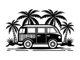 A black and white van with palm trees and a beach vector