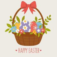 Happy Easter greeting card with wicker basket full of painted eggs and spring flowers with red bow vector