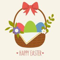 Happy Easter greeting card with wicker basket full of painted eggs and spring flowers with red bow vector