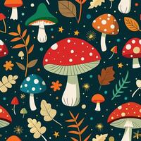 autumn seamless pattern with mushrooms and leaves vector