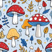 seamless pattern with colorful mushrooms and leaves vector