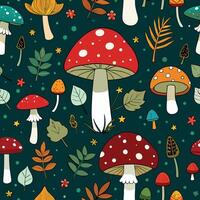 seamless pattern with mushrooms and leaves vector