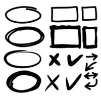 hand drawn circle frame sketch scribbles, check marks and rectangles vector