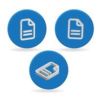 Three blue buttons with a file folder, a paper clip and a paper clip vector