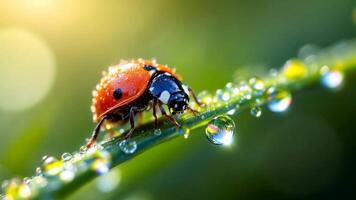 Ladybug covered in water droplets on a blade of grass - Generated using AI video