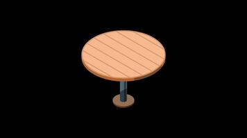 Isometric round table animation. Wooden round table. Isometric furniture. Motion graphic. Transparent background with alpha channel. video