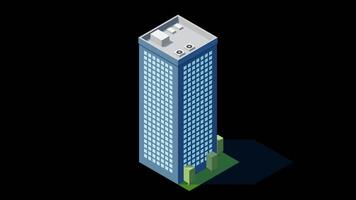 Isometric city building animation. Isometric modern building. Skyscraper building or business office. Motion graphic. Transparent background with alpha channel. video