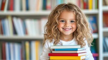bright-eyed preschooler stands at threshold of new adventure, dreaming of colourful future as young heart takes root among stack of books, marking beginning of an exciting journey photo