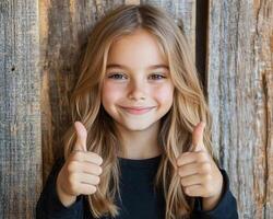 radiant teenage girls joyful smile, captured moment of warmth and approval - thumbs up from camera photo