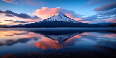 majestic silhouette of snow-capped peaks at tranquil serene lake under ethereal golden sunrise - breathtaking view of silhouetted volcano over waters photo
