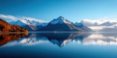 vibrant azure sky over crystal clear mountain lake reflecting majestic vista of snow-capped peaks and panoramic wilderness scenery photo