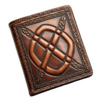 A brown leather case with a design on it sits n Isolated on transparent background png