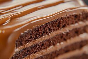 Close up of decadent chocolate cake slice with rich frosting layers. photo