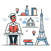 Concept Illustration of Learning French with Books, Keyboard, and Eiffel Tower vector