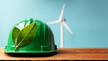 ESG and Clean Energy Concept. Hard Hat with Green Leaf. Wind Turbine Generator as background. Produce a Green Power. World Earth Day, Sustainable Resources, Environmental Care photo